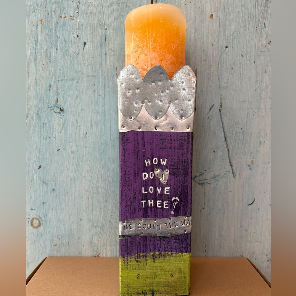 Artisan-Made Purple and Green Wood & Tin Decorative Candle Holder with Saying - Picture 3 of 16
